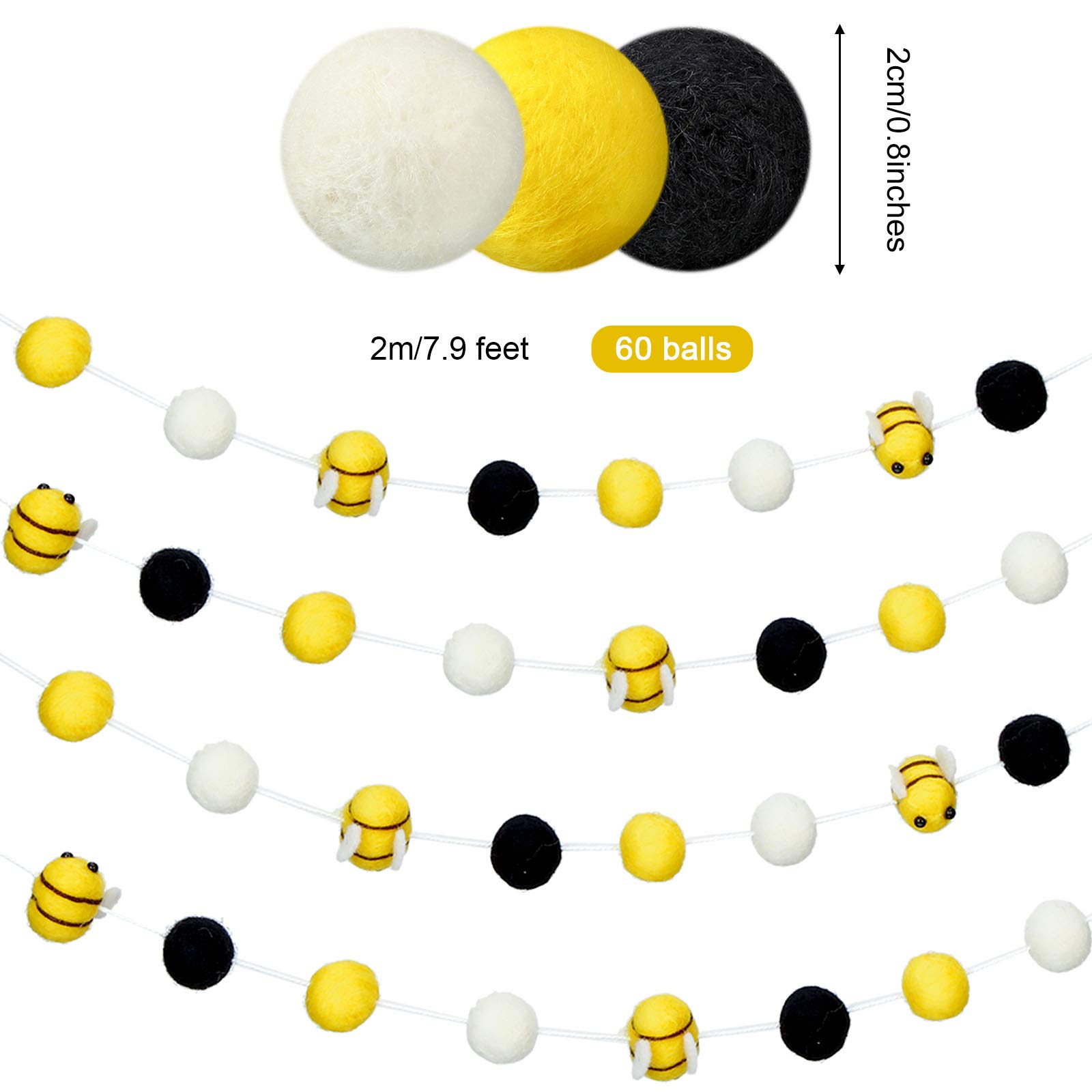 Tatuo 2 Pcs Bee Garland Decorations Pom Garland Felt Ball Party Birthday Banner Bumble Hanging Banner Bee Themed Party Supplies for Baby Shower Classroom Home Decoration