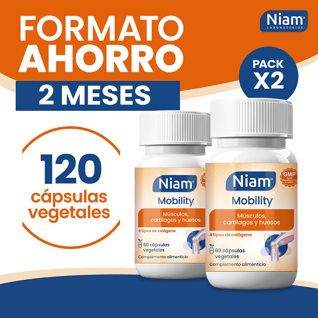 [Pack 2] Niam Mobility | Multi Colágeno para Articulaciones | 120 cápsulas | Colágeno tipo II, I, V y X con Ácido Hialurónico | Huesos, músculos, cartílago | Vitamina C, zinc y extracto de bambú
