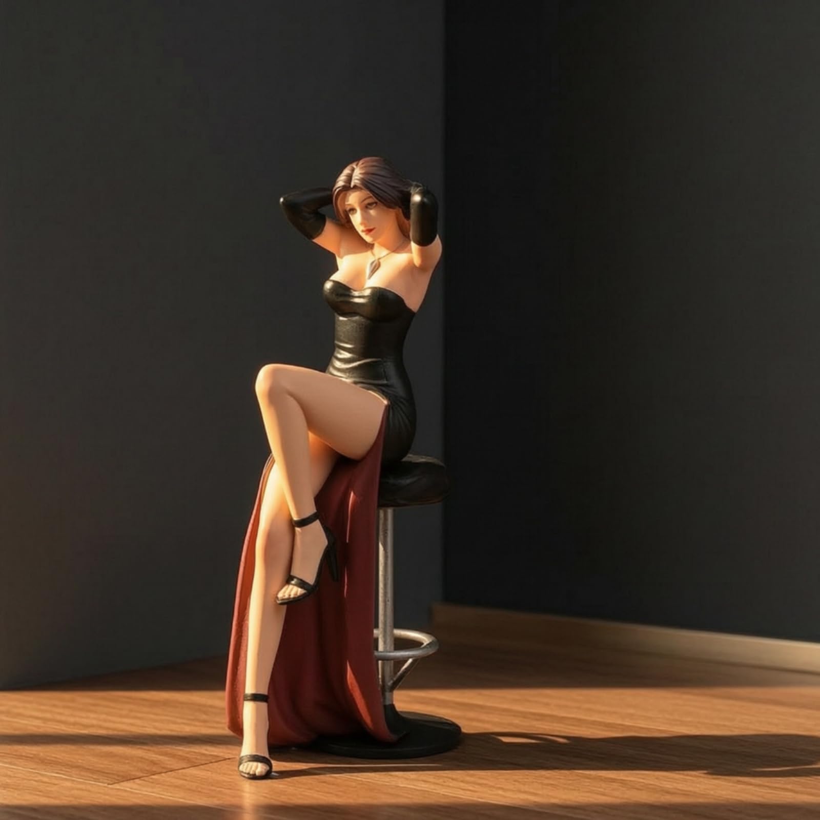 Miniatur Szene Figur Damen Skulptur Figurine Deko Modell aus Harz in Eleganter Sitzpose mit Erhobenen Armen Und Überschlagenem Bein auf Barhocker für, 1/24