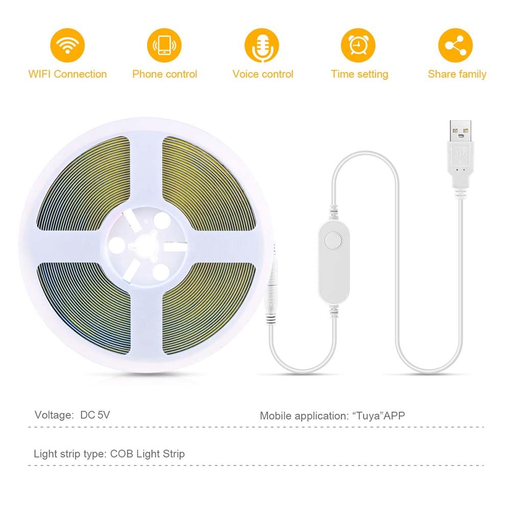 AoLa Striscia LED COB dimmerabile bianco caldo 3000K Controllo tramite app e comando vocale Striscia LED con connettore USB e interruttore autoadesivo Illuminazione interna,3M