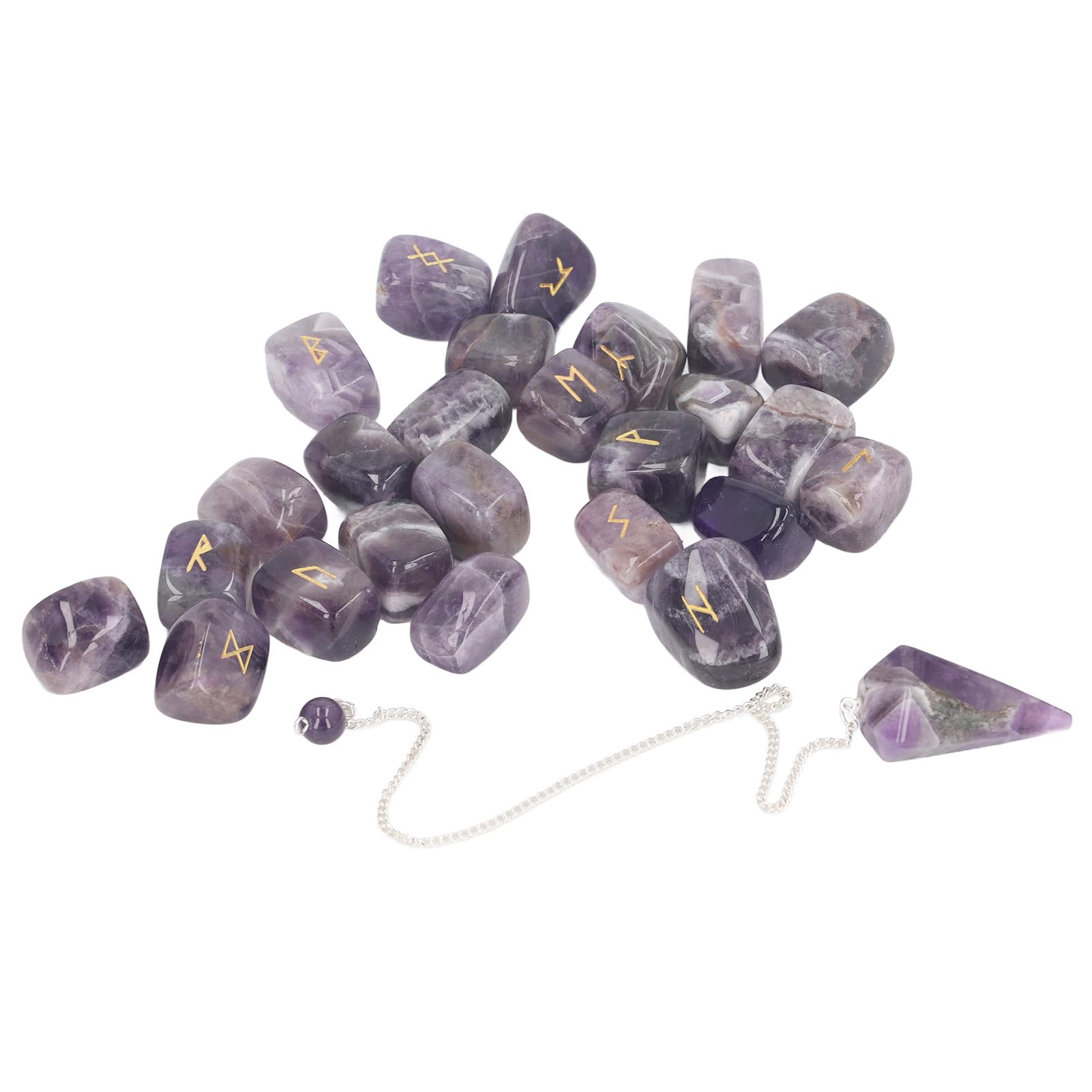 Juego de 25 Piedras Rúnicas de Cristal con Símbolos Grabados, Péndulo de Cristal y Bolsa de Almacenamiento para Adivinación, Meditación, Curación de Chakras y Conexión Espiritual (Amatista