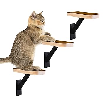 Purife Set of 3 Wooden Cat Wall Climbing Steps - Cat Wall Climbing Shelves, Cat Wall Stairs Wall Ladders Wall Climber, Cat Perch for Wall, Cat Hammock Bed, Indoor Cat Wall Furniture-Tan