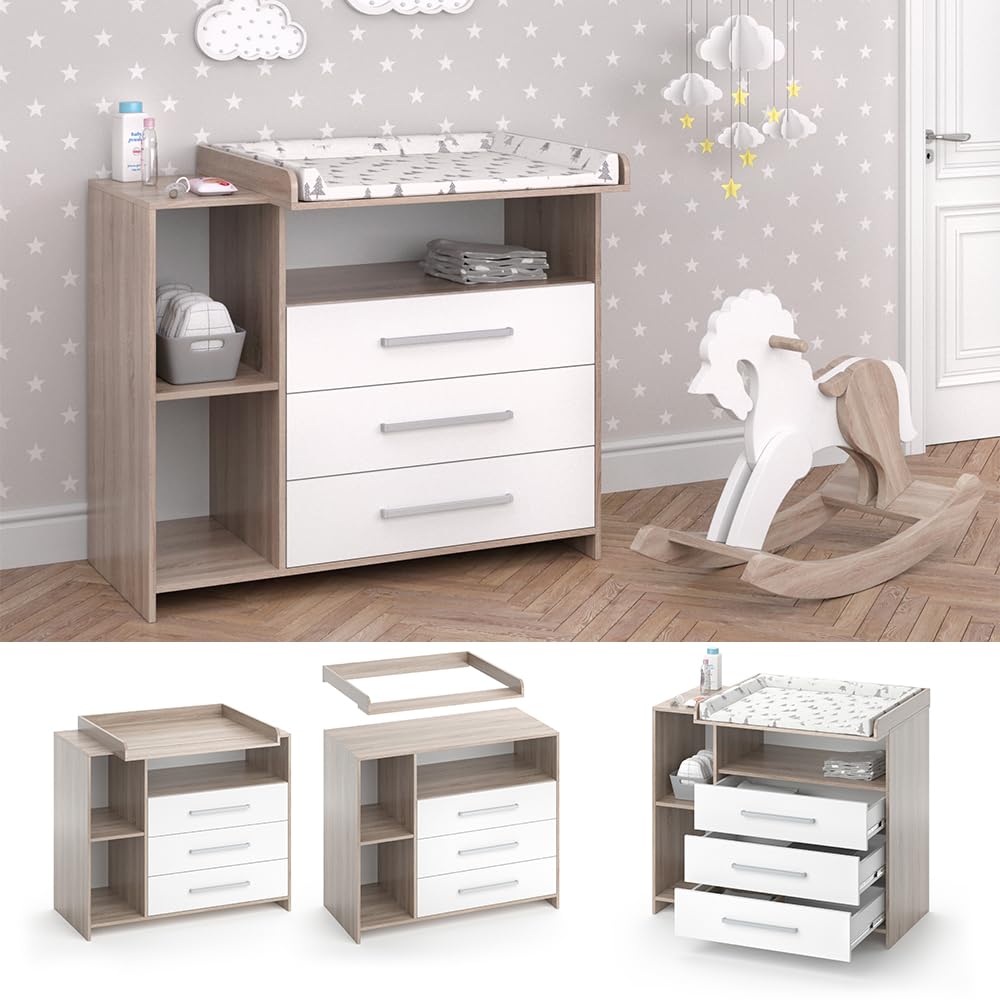Vicco Cómoda Cambiador Oskar, Blanco/Sonoma, 113 x 100 cm, Convertible en cómoda Gracias al Cambiador extraíble