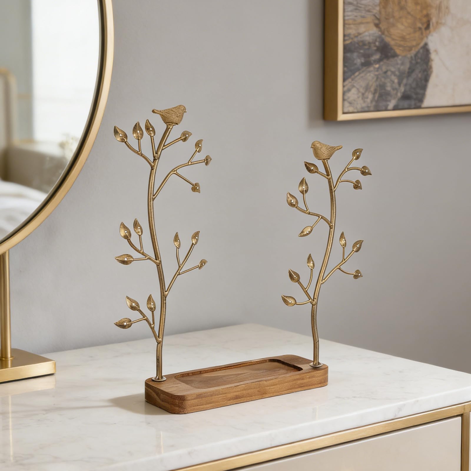 YARNOW Présentoir à Bijoux en Fer et Bois D'arbre à Oiseaux avec Plusieurs Niveaux, Organisation Stable pour Boucles D'oreilles sur Comptoir ou Coiffeuse