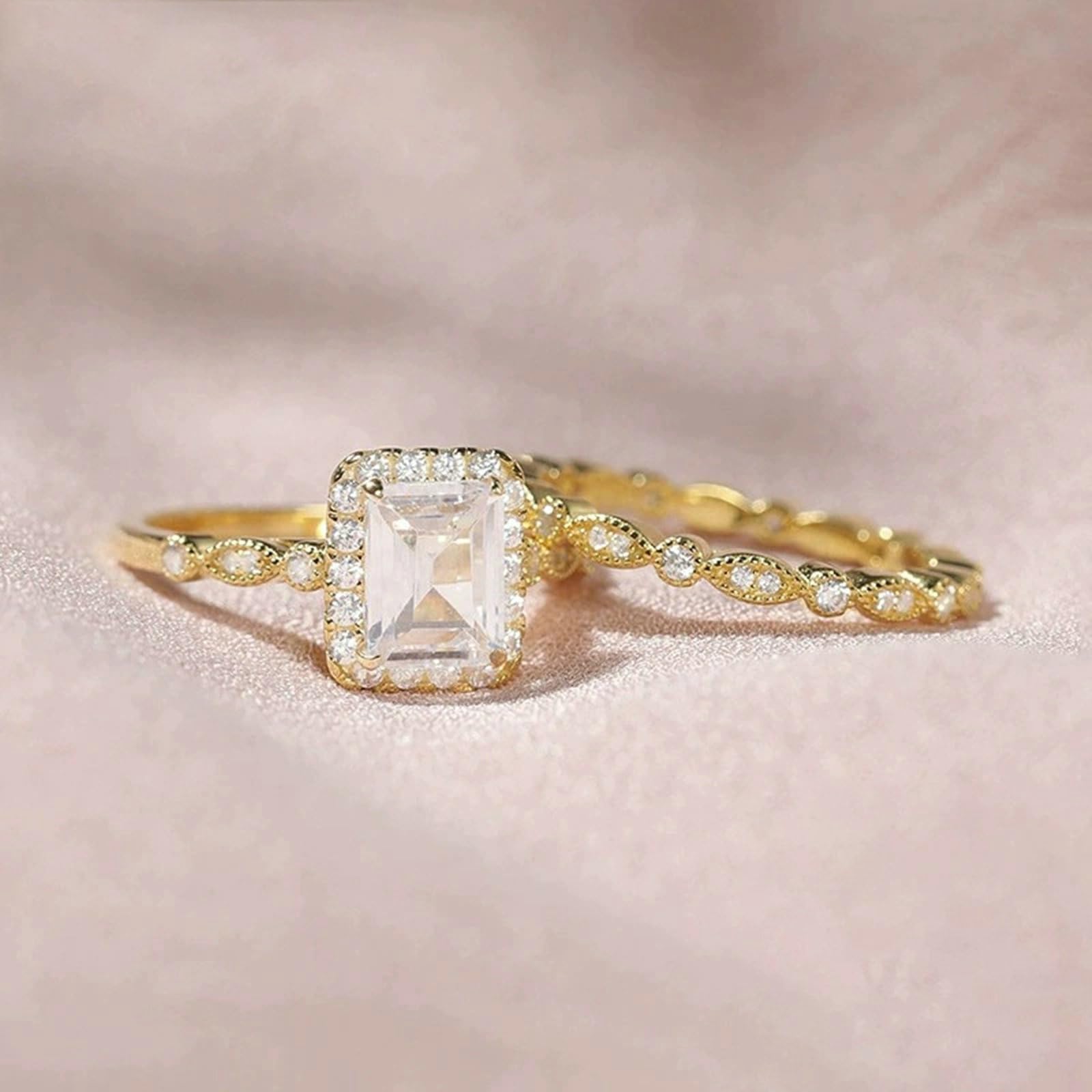Set di fedi nuziali da donna, anelli di fidanzamento in argento 925, con zirconi, anelli impilabili, anelli nuziali da donna, anelli nuziali in argento e oro rosa