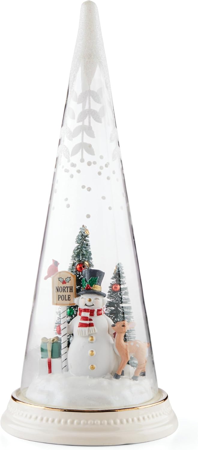 Lenox 895174 Lit Christmas Cone with North Pole Snowman Scene, Holiday Decor Lenox 895174 Lit Christmas Cone with North Pole Snowman Scene, Holiday Decor