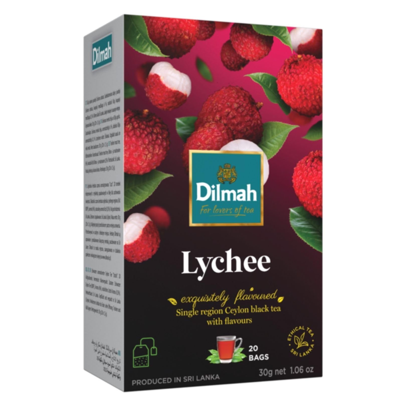 DILMAH Lychee Flavored Black Ceylon Tea - 20 Individually Wrapped Tea Bags - Premium Aromatic Blend - Rich Lychee Fruit Taste - High-Grown Ceylon Tea - Perfect for Hot or Iced Beverages