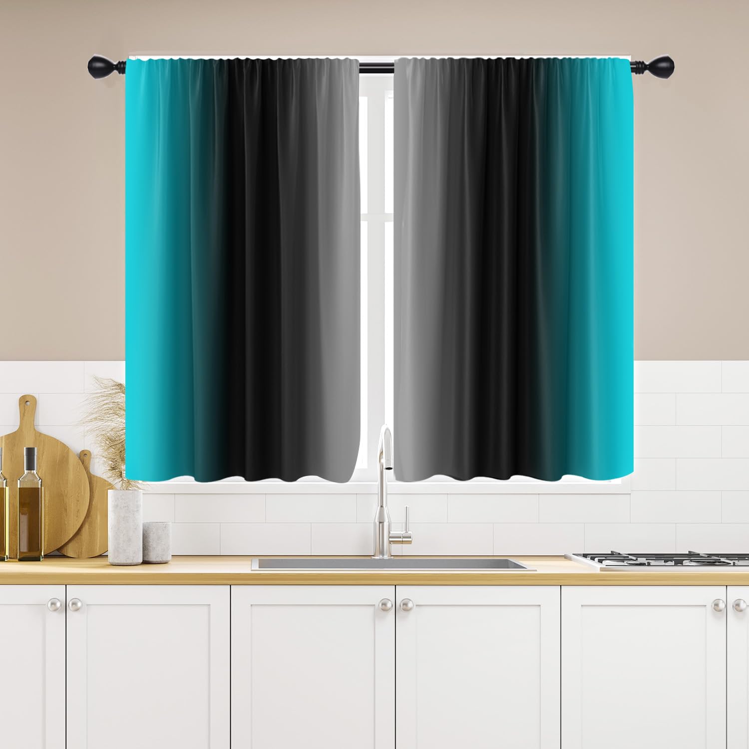 EGLGCC Black and Teal Kitchen Curtains 27.5W x 39L Inches Small Mini Ombre Room Grey Aqua Gradient Turquoise Design Rod Pocket Short Curtain Tiers for Cafe Window Drapes Treatment Fabric 2 Panels