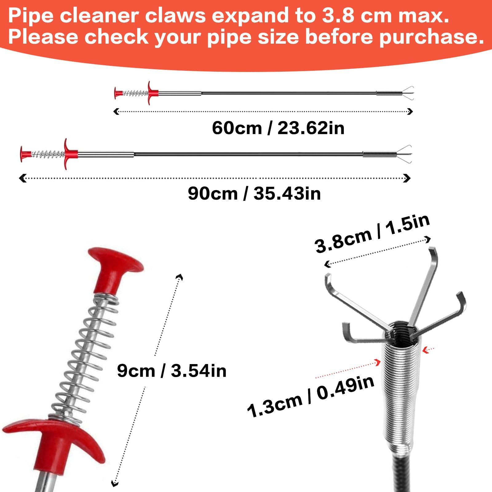 2 pinze a spirale flessibile per la pulizia dei tubi, 90 cm/60 cm, pinza telescopica, pulitore per scarico, WC a spirale, per cucina, bagno, fognature
