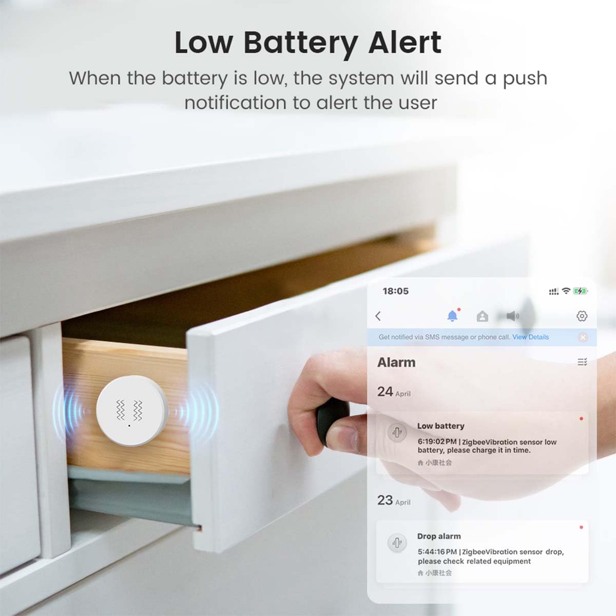 Zigbee Vibrationssensor Drahtloser Glasbruchmelder Smart Vibration Sensor Alarm, Einstellbare Empfindlichkeitsstufen, Tuya Zigbee-Verbindung, über die Tuya Smart Life App