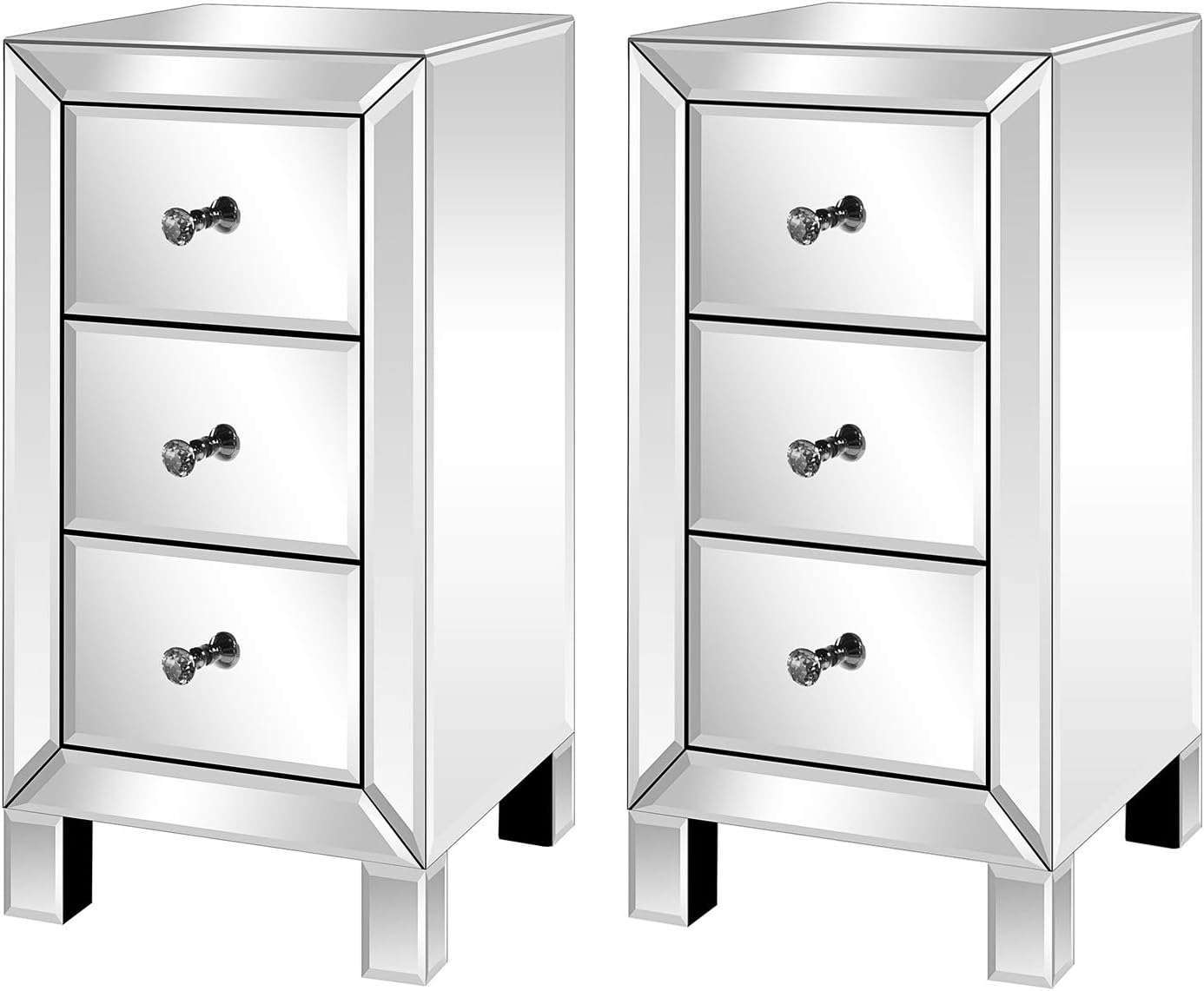 Mirrored Nightstand Set of 2, 3-Drawer Mirrored Bedside Table, Silver Finished Accent Side Table Chest Cabinet for Small Space, Living Room/Bedroom (11.8'' L x 11.8'' W x 23.6'' H)