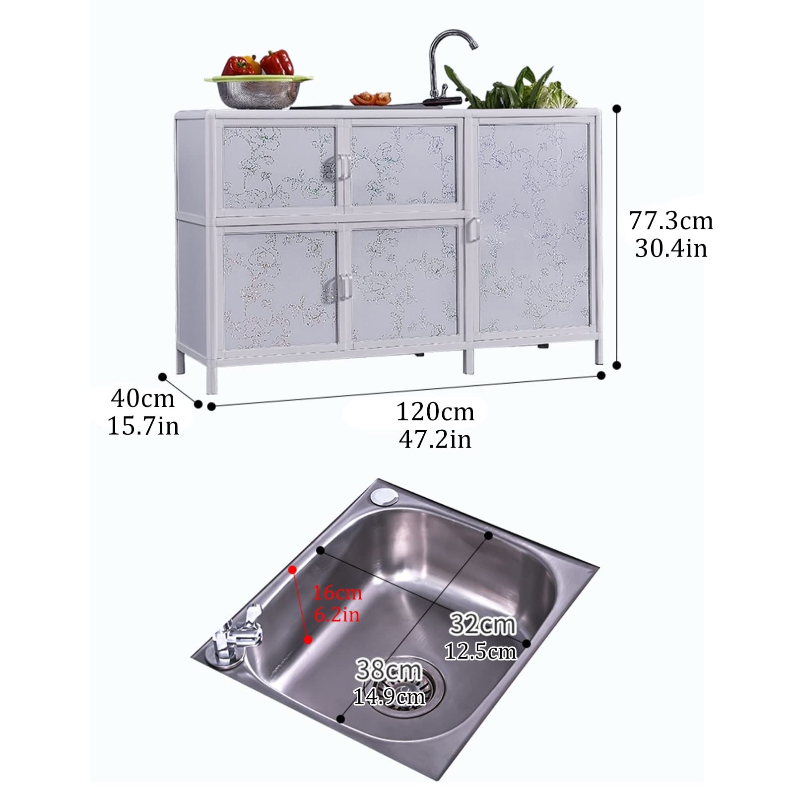 Meuble sous-évier Utilitaire en Acier Inoxydable, Station de Lavage des Mains pour Cuisine Professionnelle, bac Unique avec arrivée d'eau Chaude et Froide, pour buanderie intérieur