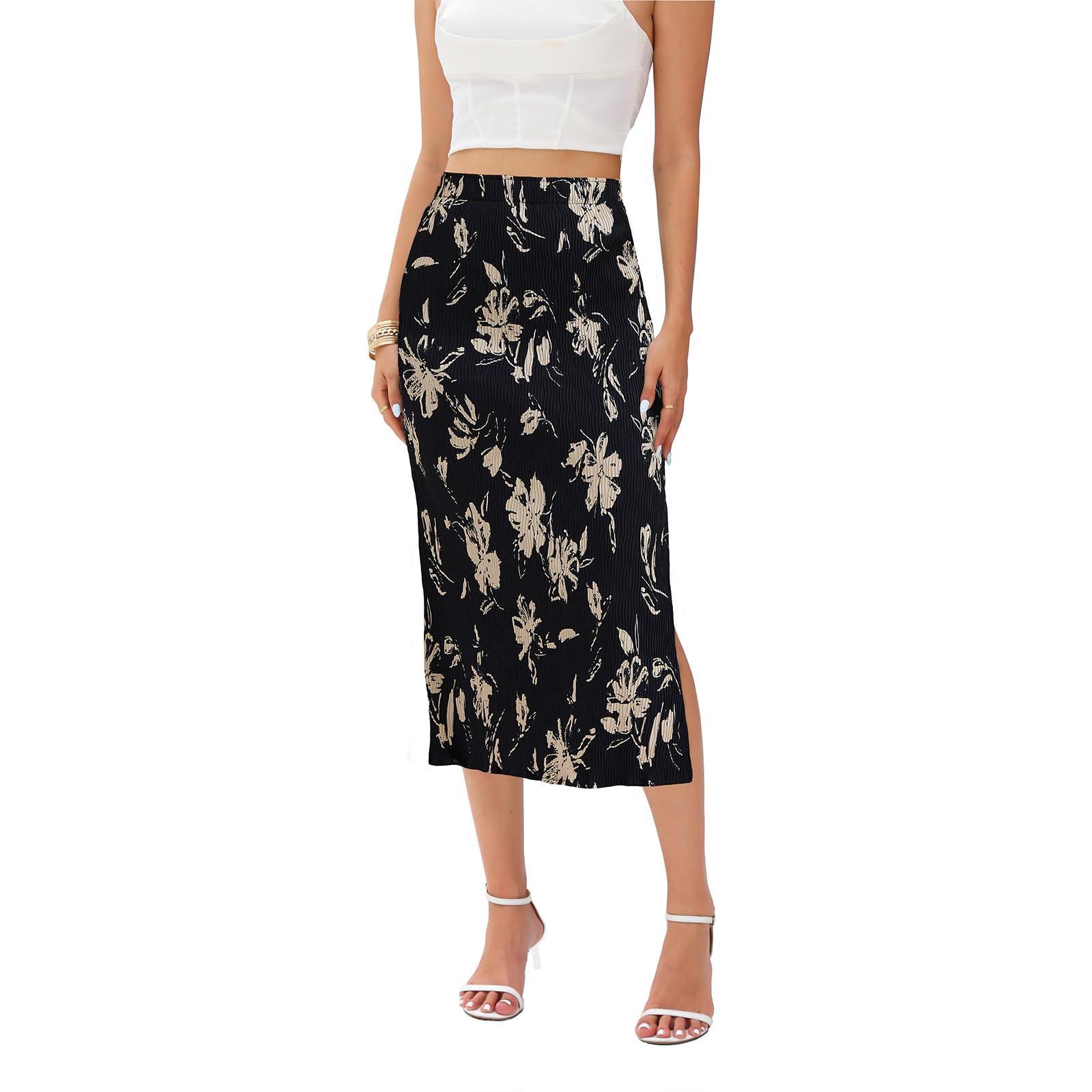 Midi Skirts for Women with Slit Long Knee Length Floral Elastic Pleated High Waisted Womens Skirt