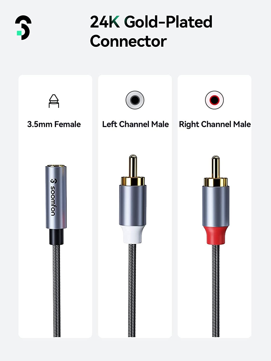 SOOMFON RCA to 3.5mm Audio Cable 1M Red and White 2RCA to 3.5mm Jack Female Phono Leads High Durability Nylon Braided Gold-Plated Plug Stereo Audio Cable for Hi-Fi Speaker Car Home Theater - Image 2