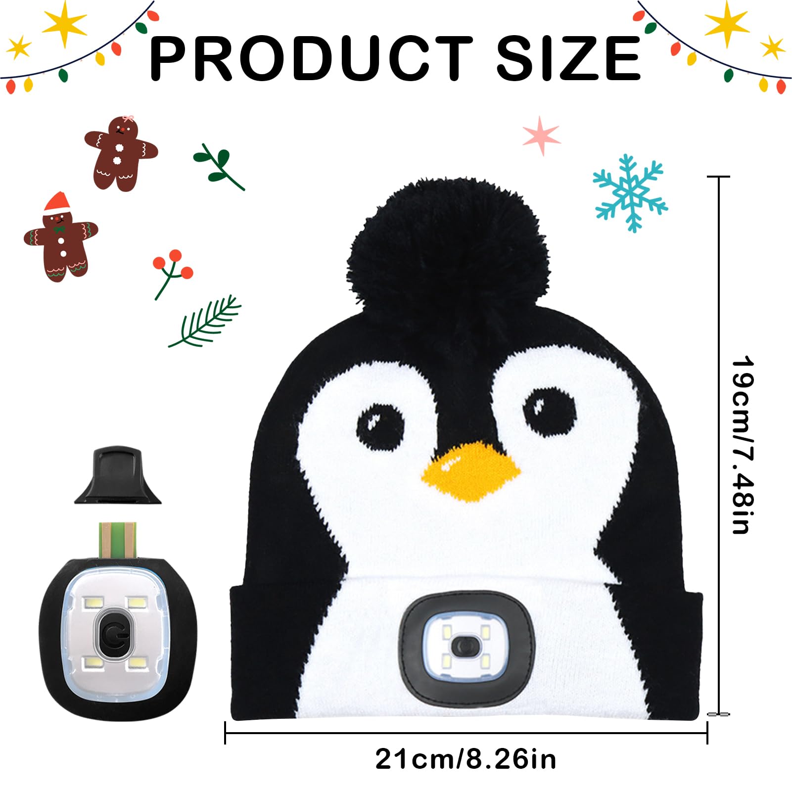 Czapka z oświetleniem LED dla dzieci, czapka bożonarodzeniowa z diodami LED, czapka zimowa dla dzieci, ładowana przez USB, śliczna zimowa ciepła czapka z dzianiny, pingwin, bałwan, jeleń,