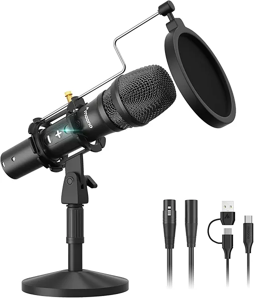 MAONO USB/XLR Podcast Dynamic Microphone, Studio Mic Kit with Volume Control, Shock Mount, Pop Filter, Ideal for Vocal, Instruments Recording, Voice Over, Live Streaming (HD300T) Black