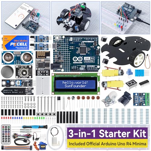 SunFounder Kit de Inicio Súper Completo 3 en 1 con Arduino Uno R4 Minima original, proyectos IoT y coche inteligente, WiFi ESP8266, batería, más de 50 tutoriales paso a paso, compatible con RoHS