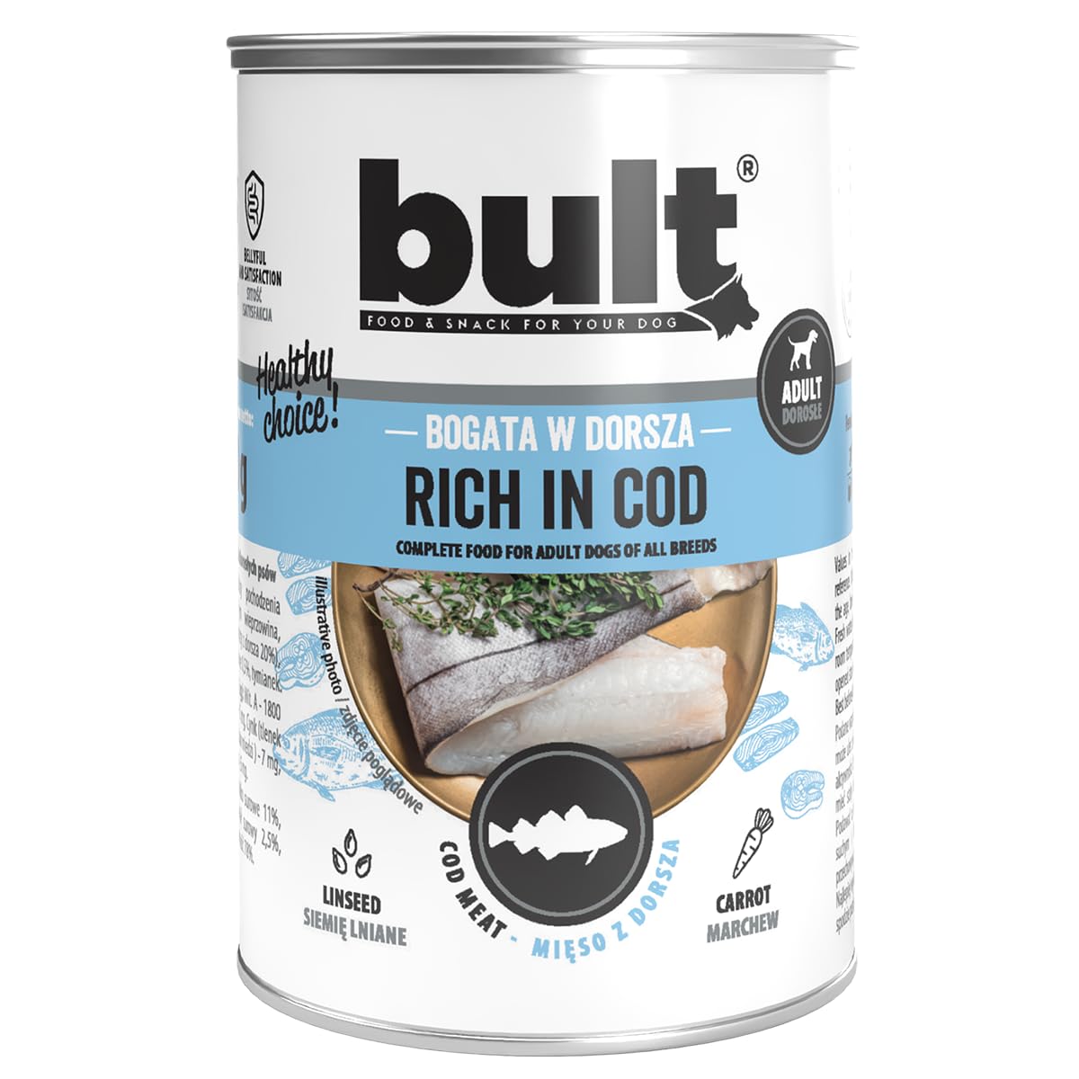 BULT Hundefutter Nass Dose 48x400g Mix | 6 Sorten: Dorsch, Wild, Truthahn, Lamm, Ente, Rind, hoher Fleischanteil