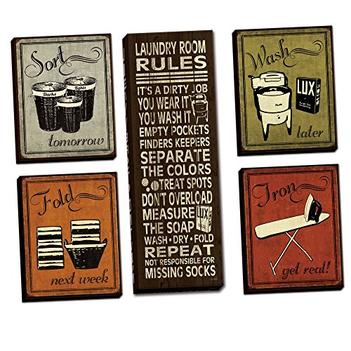Gango Home Decor Trendy & Extremely Popular Humorous Laundry Room Rules and Laundry Sign; Four 8x10-Inch and One 8x20in Hand-Stretched Canvases; Ready to hang!
