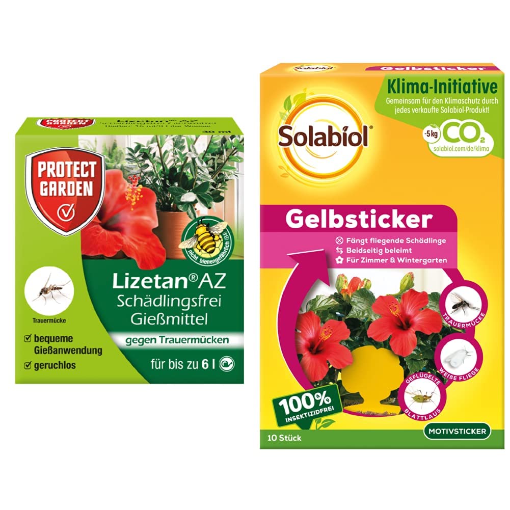 PROTECT GARDEN Lizetan AZ Schädlingsfrei Gießmittel und Solabiol Gelbsticker, gegen Trauermücken anZimmer- und Balkonpflanzen
