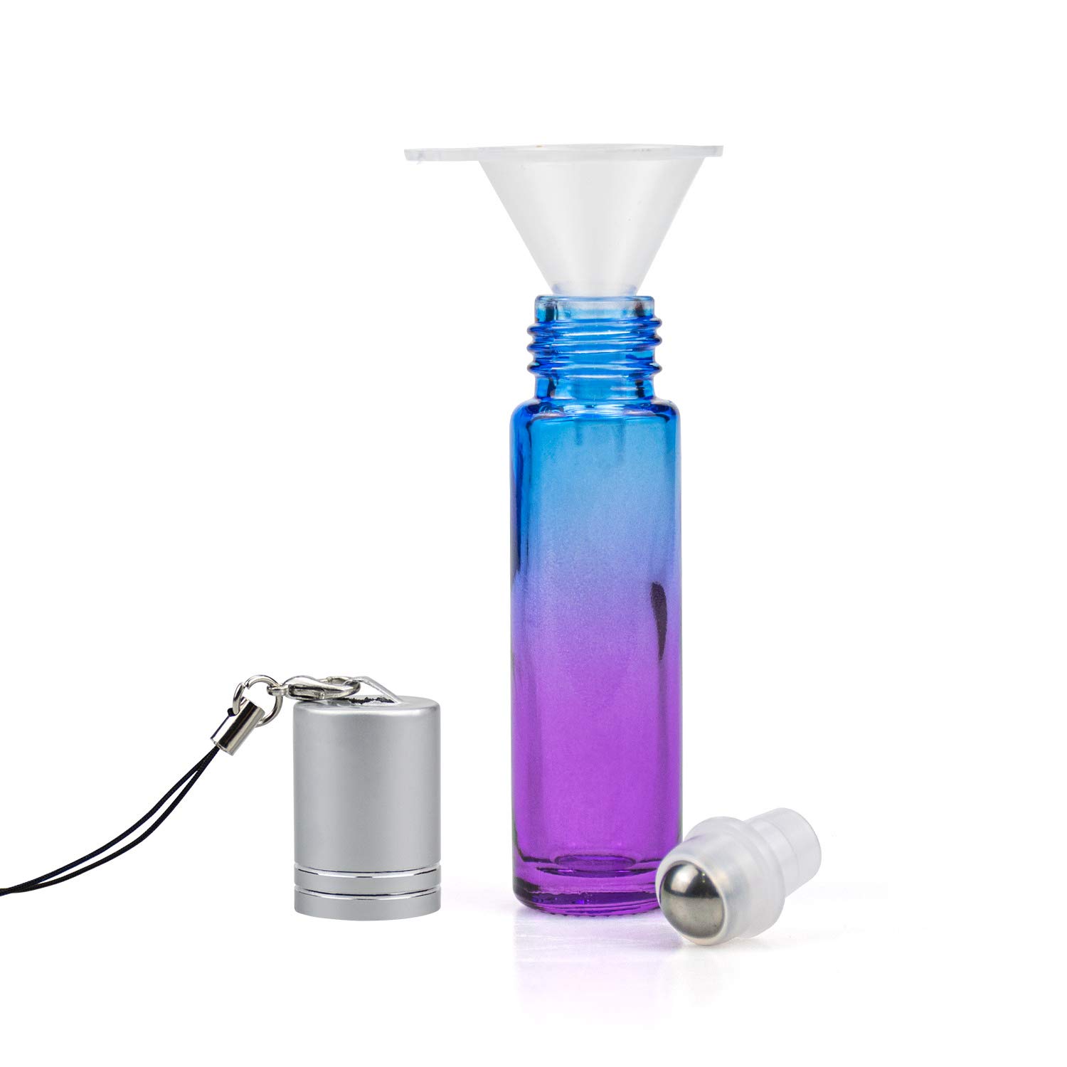 Foraineam Confezione da 24 bottiglie a rullo da 10 ml, in vetro con sfera in acciaio inox e coperchio argentato per appendere gli oli essenziali