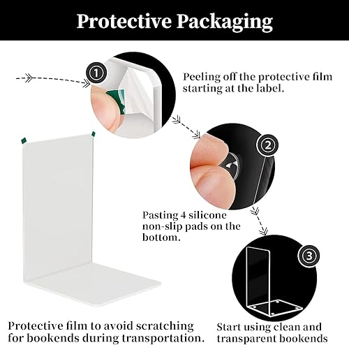 Miniatura 4 de HappyHapi Sujetalibros acrílicos para estantes, 6 piezas transparentes para libros pesados, soporte decorativo antideslizante para libros en casa,