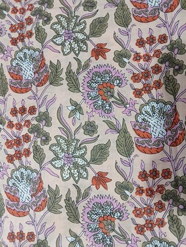 Image of Doraya Pure Cotton Dress Making Fabric Sanganeri Print Jaipuri Hand Block Printed Unstitched Dress Material for Women Blouse /Plazzo,Kurti /Lehenga Piece Womens 43 inch Inches Width (Peach 3, 5 Meter)
