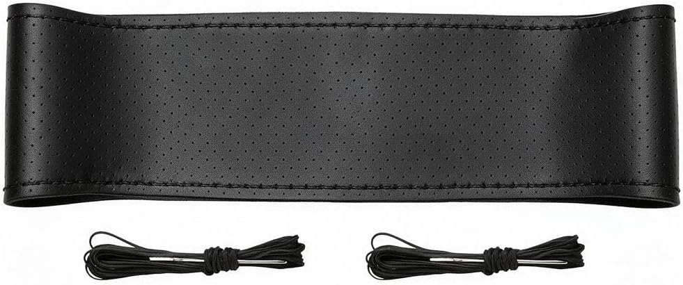Hand-Stitched Genuine Leather Steering Wheel Cover, 15-inch Breathable, Non-Slip DIY Steering Wheel Protector, Universal Car Accessories, Black, Hole