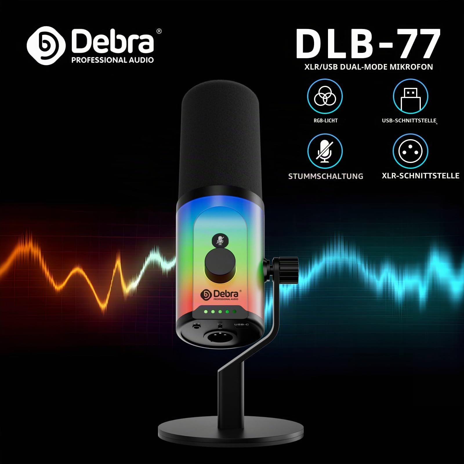 D Debra XLR/USB-C Dynamisches Mikrofon für Studio, Podcast und Streaming, Nierenmikrofon 192kHz/24Bit mit Touch-Stummschalttaste, Gain-Regler und Kopfhöreranschluss für PC und Smartphone