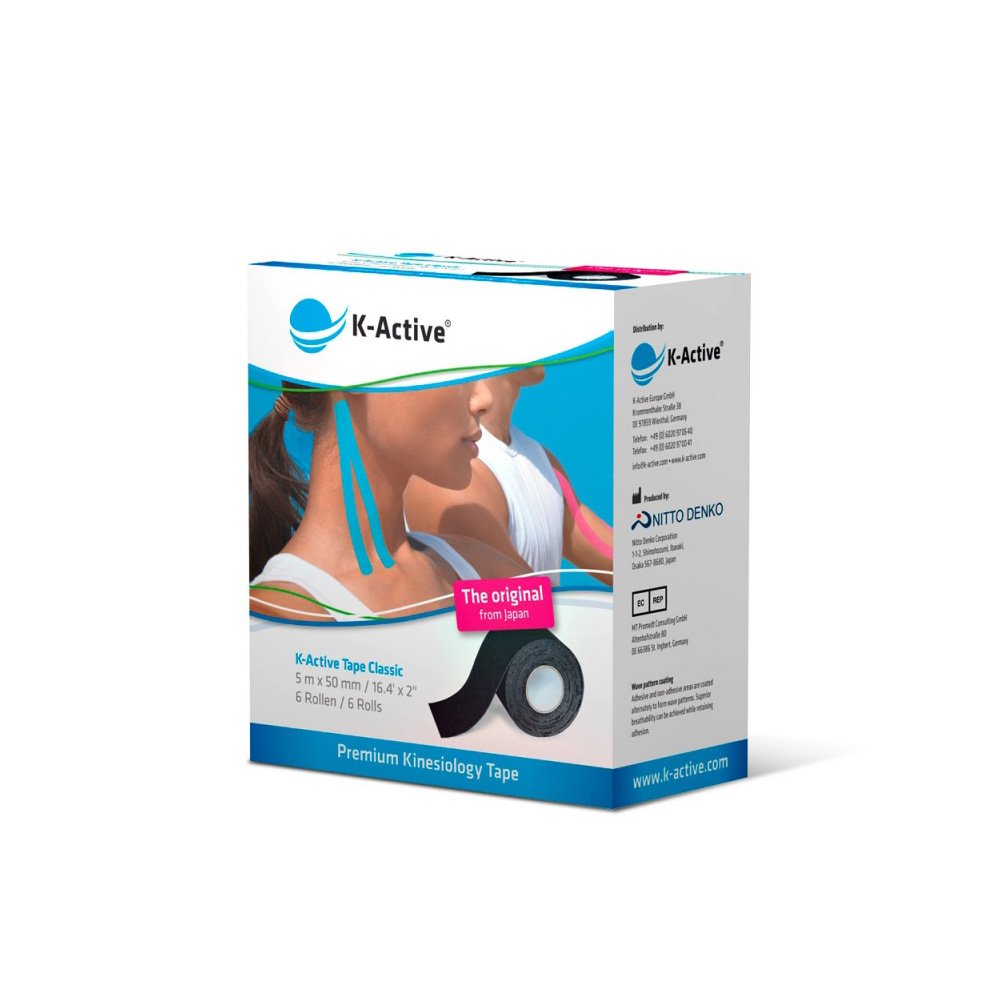 K-Active Kinesiologie Tape Classic SCHWARZ, wasserabweisend und hypoallergen, 50 mm x 5 m, 6 Rollen