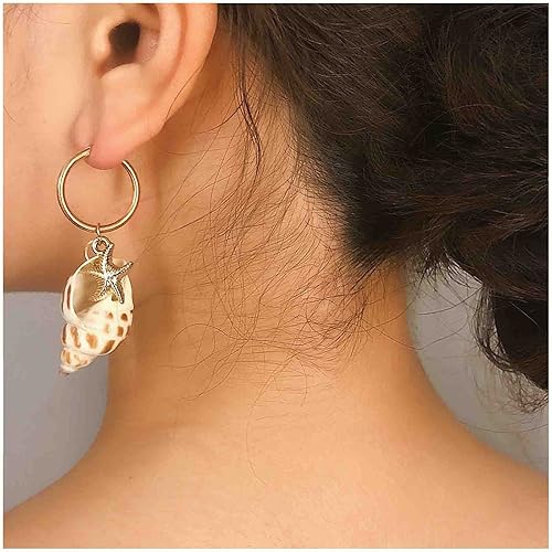 Erimberate Aretes de aro de concha de concha de mar bohemios, aretes colgantes de estrella de mar dorados, aretes de concha, aretes de estrella de