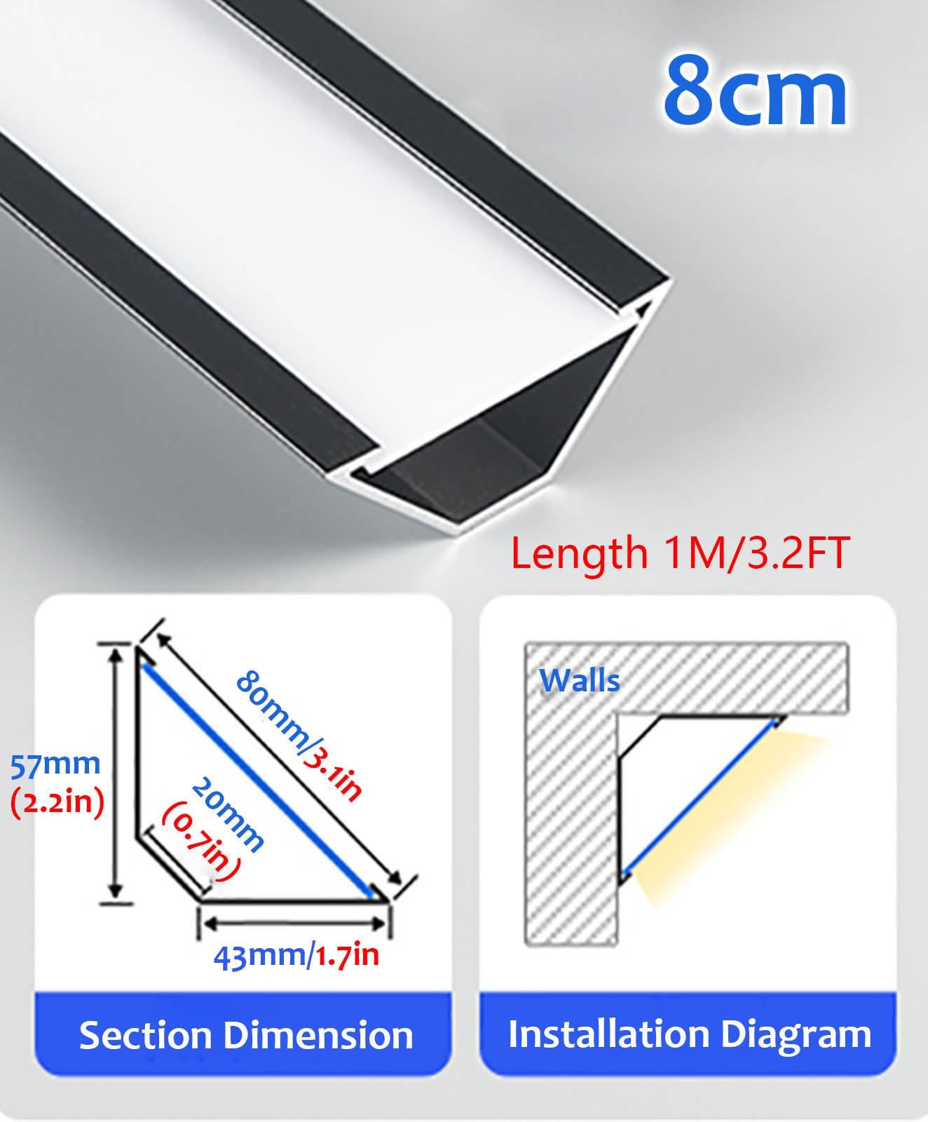 Czarna szyna LED o długości 1 m z mlecznobiałą pokrywą – profil aluminiowy o długości 1 m do taśm LED 8 mm – pośrednie oświetlenie do szafek i listew ozdobnych – 12 sztuk, łatwe zamykanie