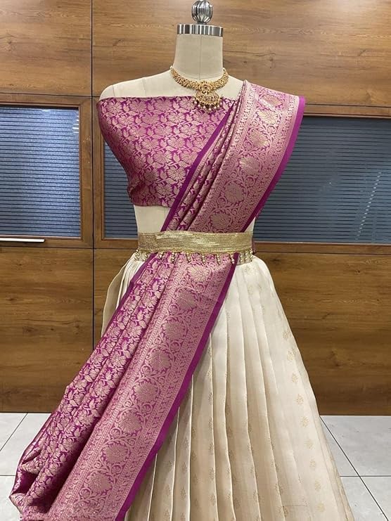 Image of RENVAANI Women's Traditional Kanjivaram Kanchipuram Silk Zari Weaving Unstitched Lehenga Choli with Dupatta