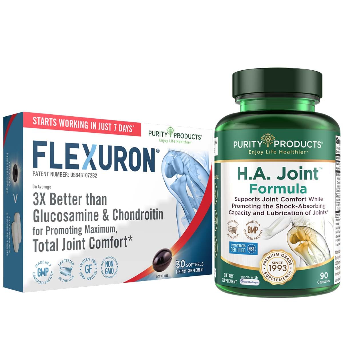 Purity Products Flexuron Joint Formula + H.A. Joint Flexuron (Krill Oil, Low Molecular Weight Hyaluronic Acid, Astaxanthin) - HA Joint (BioCell Collagen, Boswellia Serrata, Quercetin, H.A. + More)
