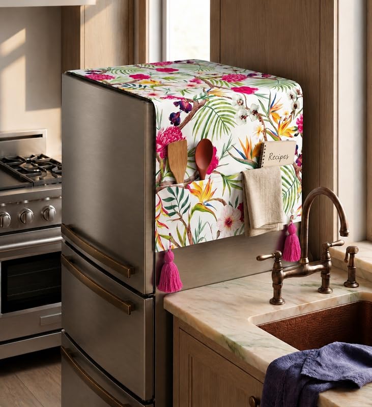 Image of WWW.THROWPILLOW.IN Fridge Top Cover for Triple Door 100-250L | Dustproof Refrigerator Cover | Corner Tassels Without Side Pockets | Floral Print | Triple Door Fridge Cover Top Mat