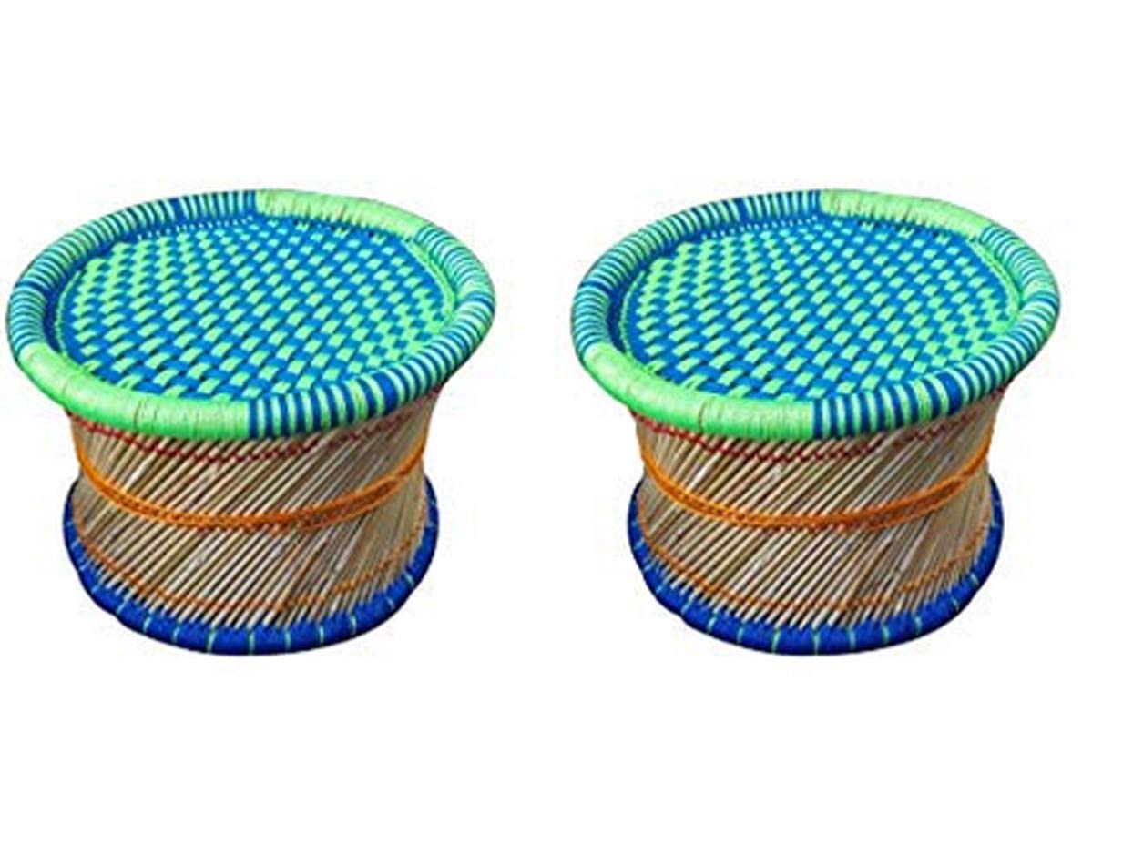 Anupam Enterprises Eco-Friendly Handicraft Cane Bar Bamboo Chair/Stool/Muddha/Mudda for Outdoor/Indoor/Furnishing/Color: Multi-Colored 2 Piece (10 inch Height)