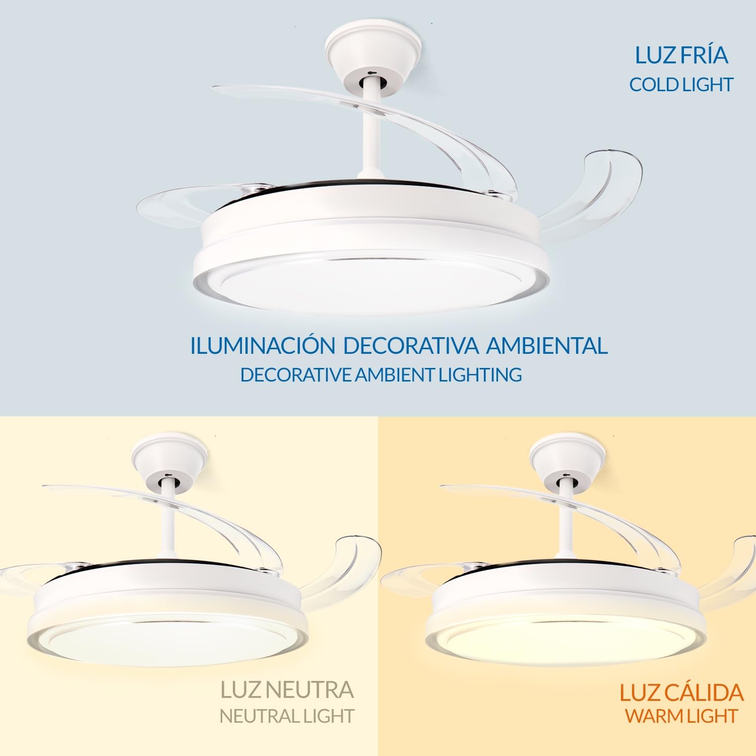 M mimotec -Ventilatore da Soffitto White Hood 70W con Luce LED Regolabile CCT, Motore DC 30W a Basso Consumo + LED 40W, 6 Velocità, Silenzioso, 4 Pale Retrattili, Estate/Inverno, Timer, Telecomando