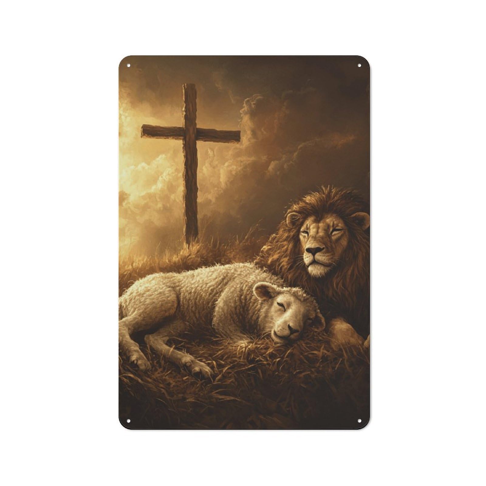 Junmoney Style-7 For Lounge Or Reading Corner, Peaceful Lion And Lamb Scene Retro Metal Sign 30X20cm, For Metal Sign Collectors, For Garage And Workshop Walls