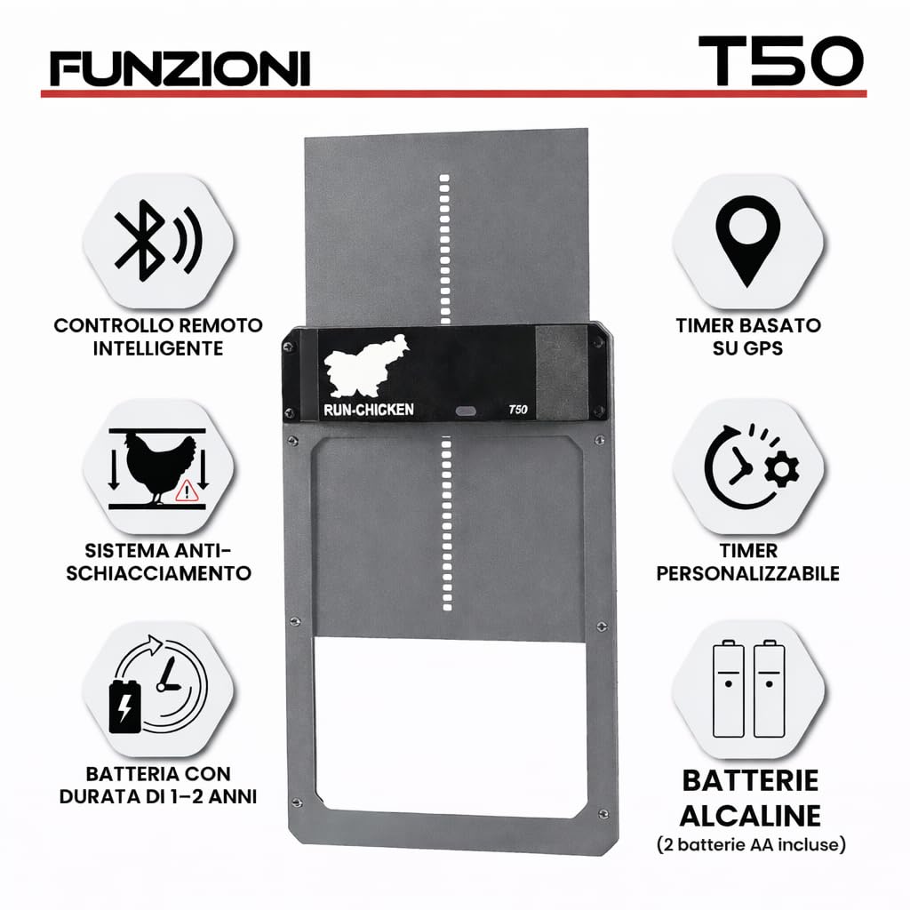 RUN-CHICKEN Porta T50 – sportello automatico per polli in alluminio, a batteria e resistente alle intemperie, controllo tramite app e timer, sicuro dai predatori, installazione semplice, prestazioni