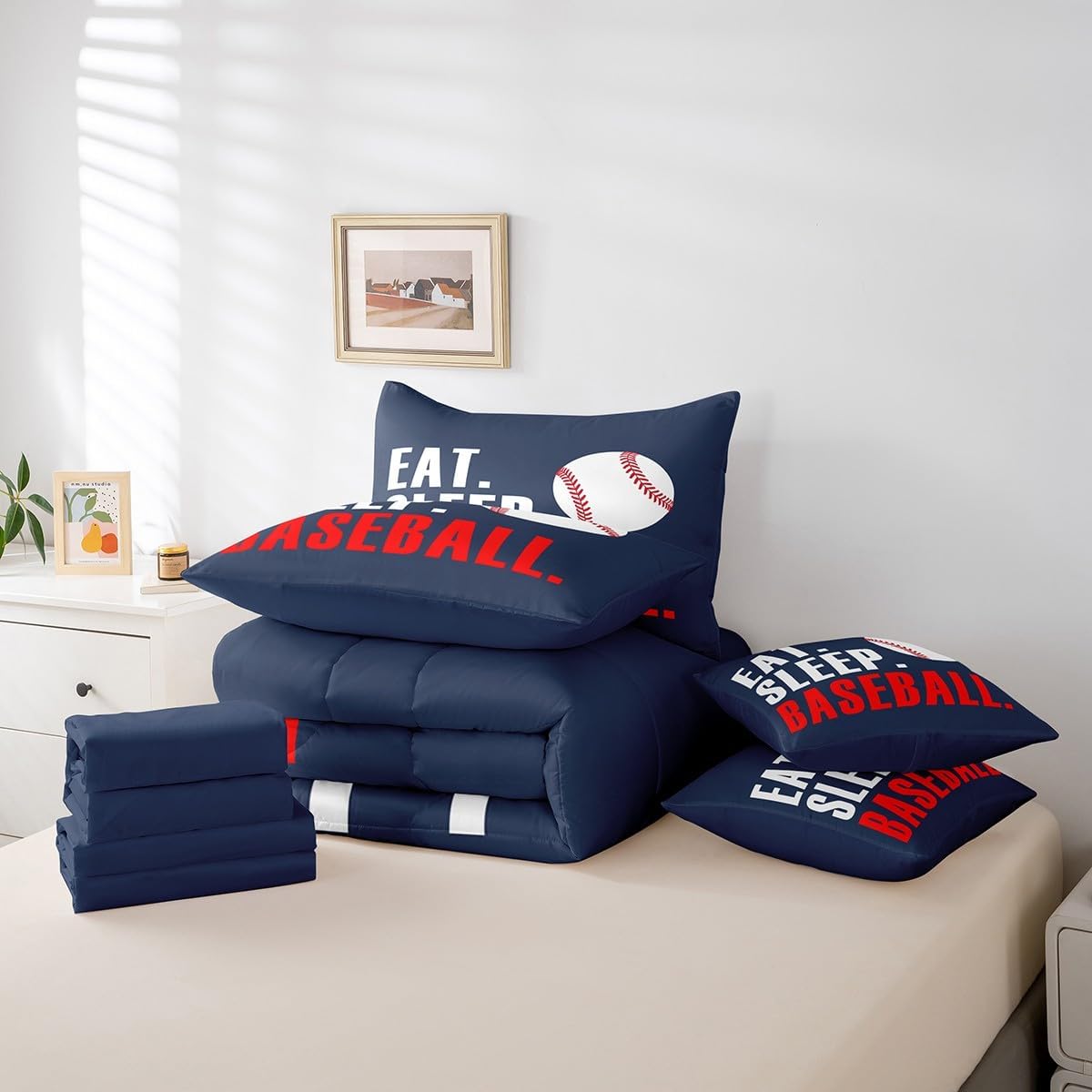 Feelyou Baseball Comforter Set 7 Piece Twin Size 3D Ball Sports Bed in A Bag for Boys Girls Women Men Blue Eat Sleep Baseball Bedding Set Games Bed in a Bag with Sheets, Pillowcases, Pillow Covers