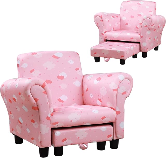HOMCOM Kids Children Armchair Mini Sofa Wood Frame w/Footrest Anti-Slip Legs High Back Arms Bedroom Playroom Furniture Cute Cloud Star Pink