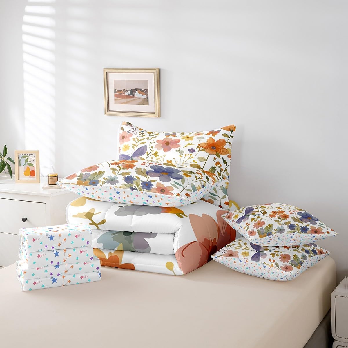 Erosebridal Watercolor Floral Comforter Sets with Sheets, Wildflower Bedding Set Twin for Boys Girls Cute Flowers 7Pcs Bed in A Bag Colorful Butterfly Bed Set