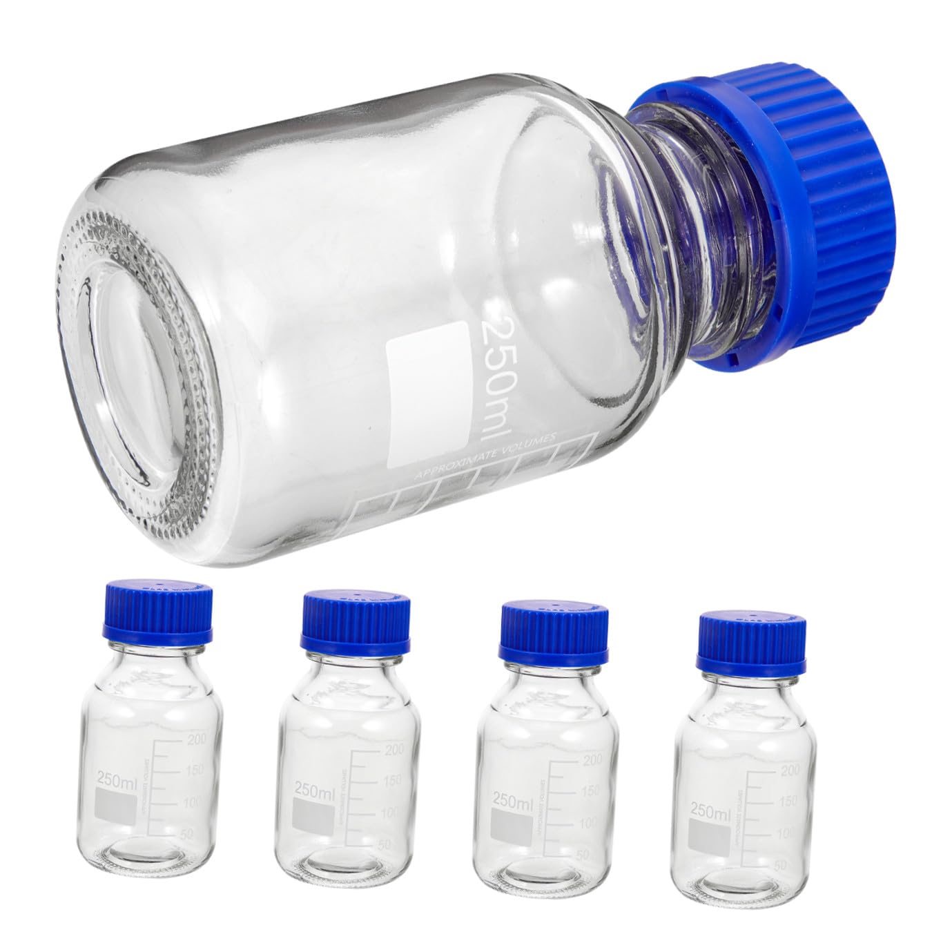 Mikikit 4 Pezzi Bottiglie in Vetro da 250ml con Tappo a Vite Blu, Bottiglia di Reagente Graduata Multiuso per Laboratorio e Industria Chimica
