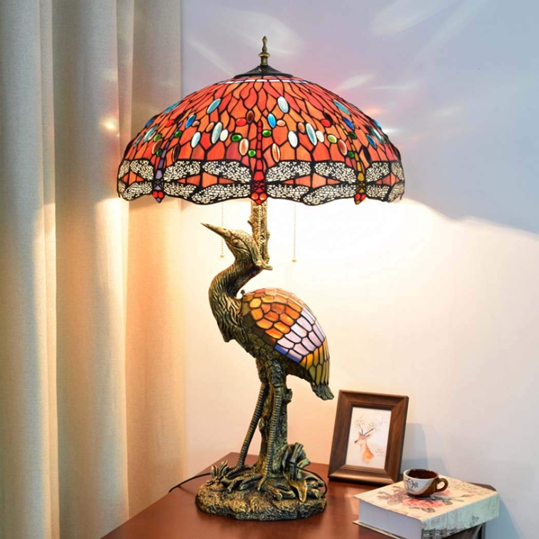 Tiffany Style Tischleuchte Schreibtisch neben Lampen 20 Zoll Libelle Glasmalerei Schatten 3 Licht Crane Resin Base für Wohnzimmer Schlafzimmer Tischbeleuchtung,220 V, E27 * 3,40 W (50 × 85 cm),A