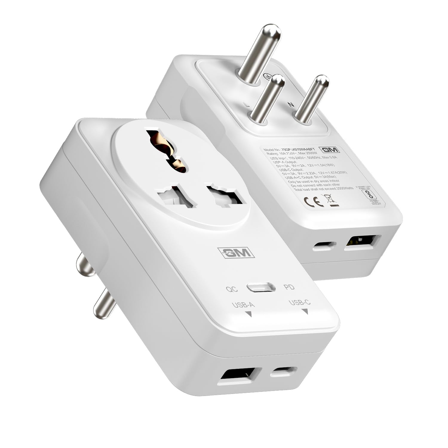 GM G+ 3-in-1 20W PD Fast Charging Adapter with 2500W Universal Socket | Dual Type-C & USB-A Ports | Socket for India, US, UK, EU, AU | Compact Design for Bedside Use | Multi Plug Power Adapter-picture-16