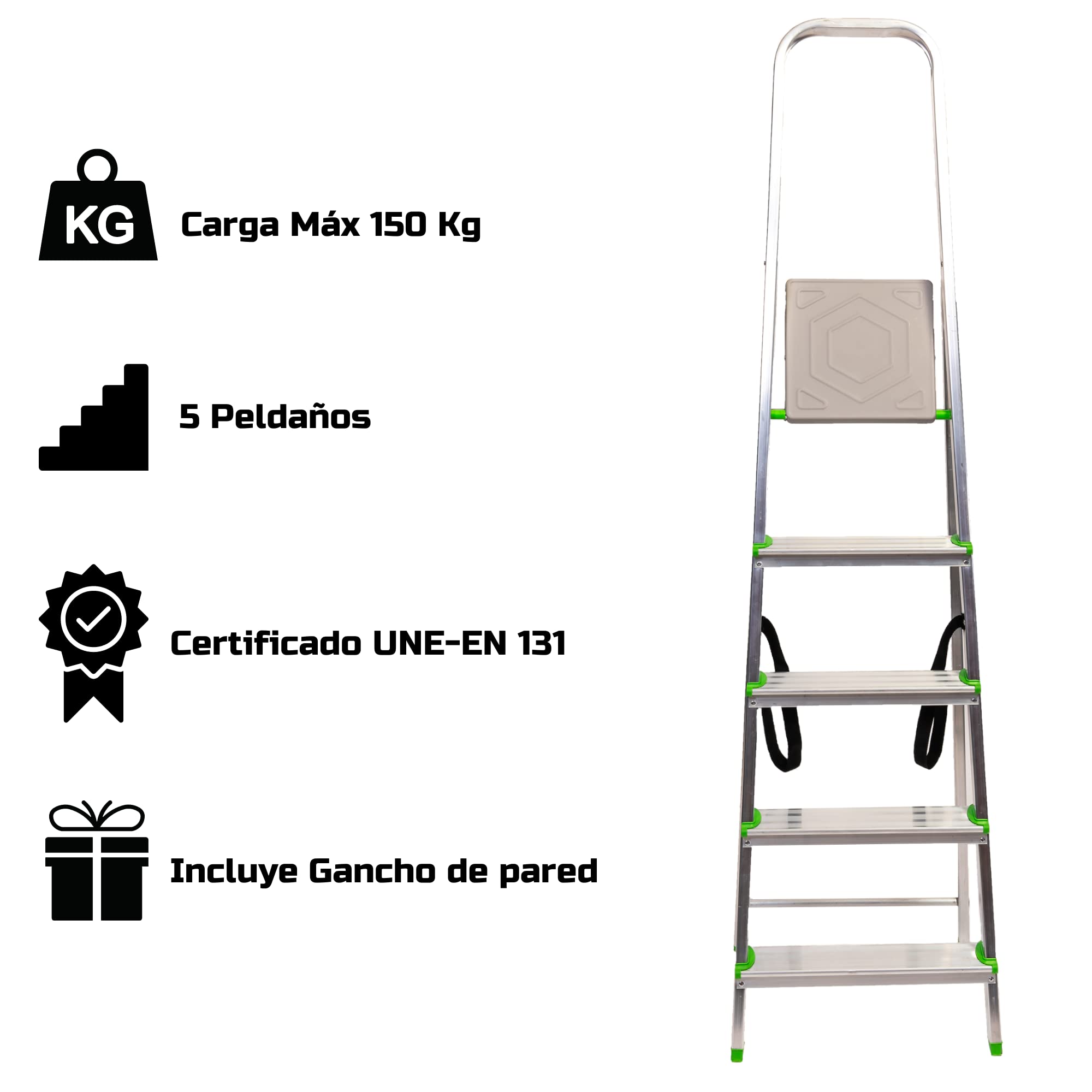 Keroppa, Escalera de Tijera Plegable, Marca Española. Escalera de Aluminio, 5 peldaños, con Gancho de Pared, Multiusos, Antideslizante, Ligera y Resistente, Escalera Doméstica, Fácil Transporte