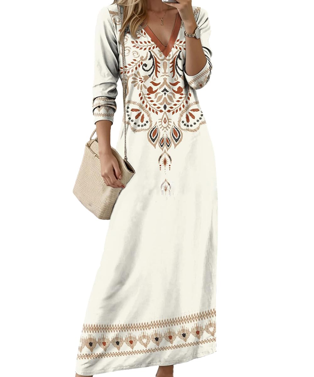 ABINGOO Vestido Largos Mujer de Manga Larga Cuello en V Bohemio Maxi Vestidos de Playa Estampado Floral Vestido Informal con Bolsillos
