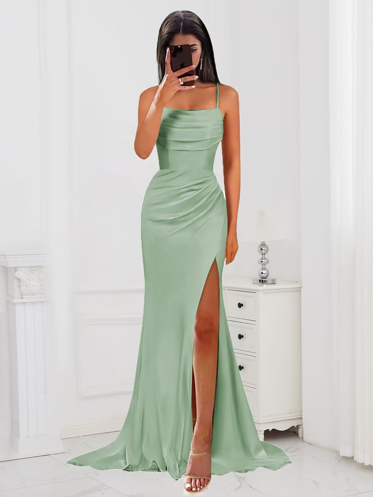 HUINI Satin Brautjungfernkleider Damen Meerjungfrau Spaghettiträger Abendkleid mit Schlitz