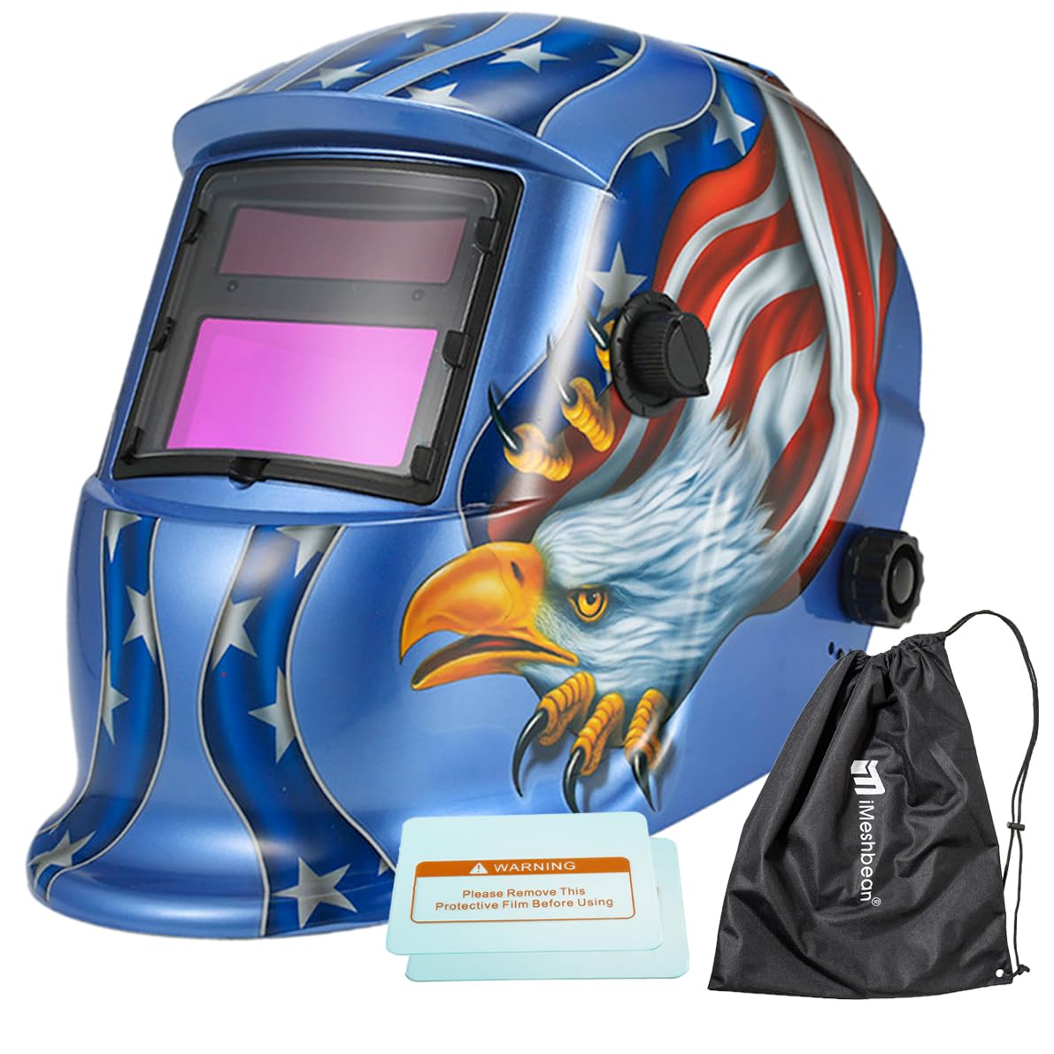 Solar Auto Darkening Welding Helmet Arc Tig Mig Grinding Mask with Test Function & Low Battery Alarm Function American Eagle Design USA (Blue)