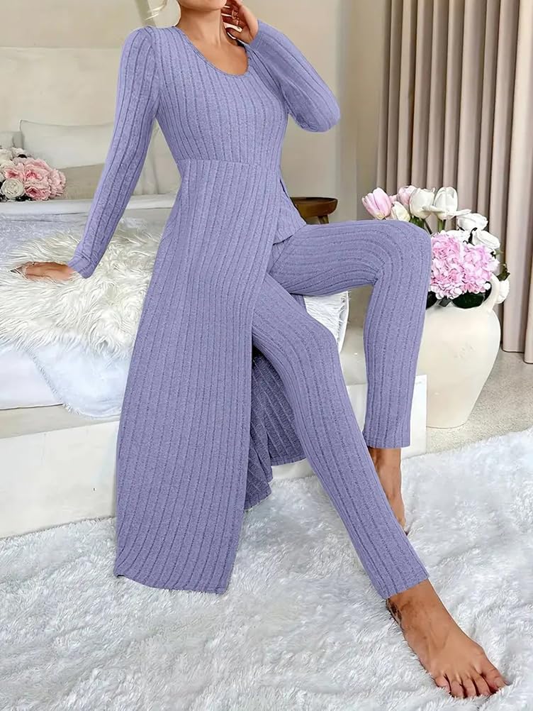 Generisch Combinaison 2 pièces pour femme - Combinaison en tricot à manches longues - Haut et leggings côtelés - Ensemble 2 pièces - Tenue d'été 2 pièces - Pour femme